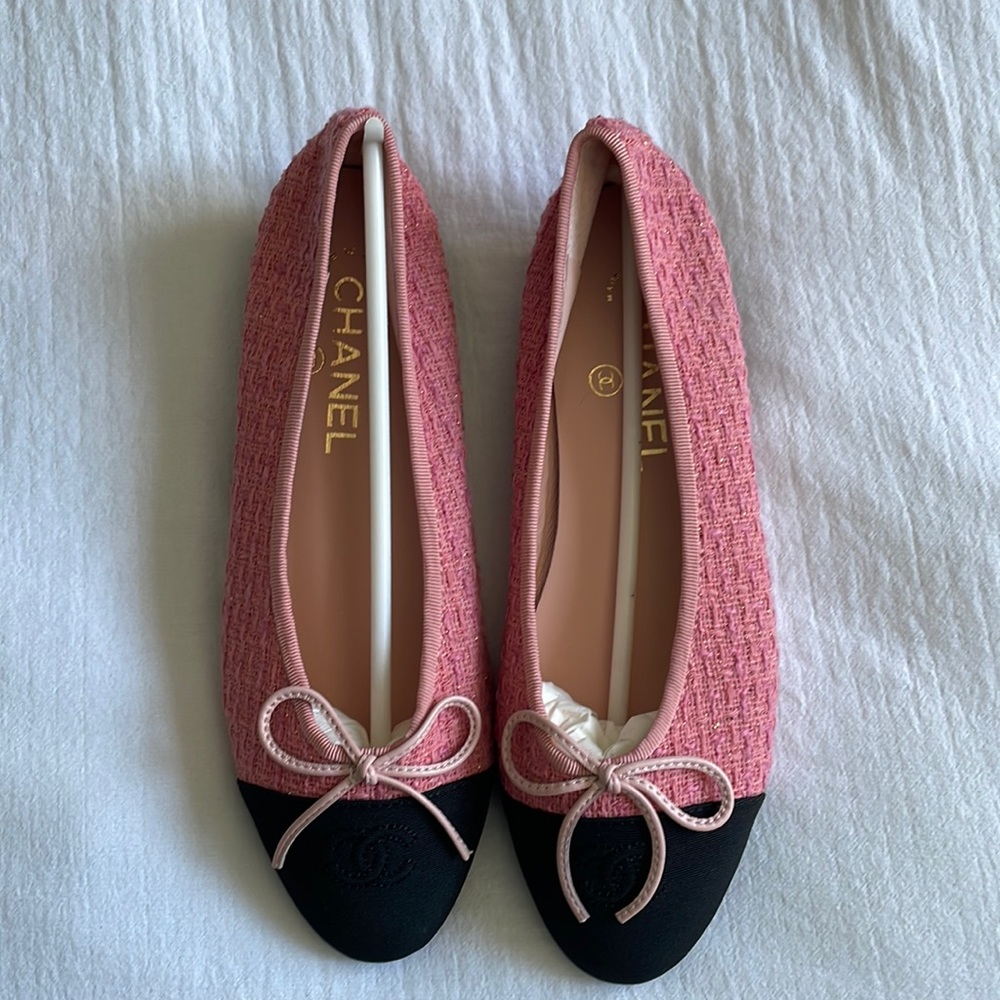 Pink tweed ballet flats